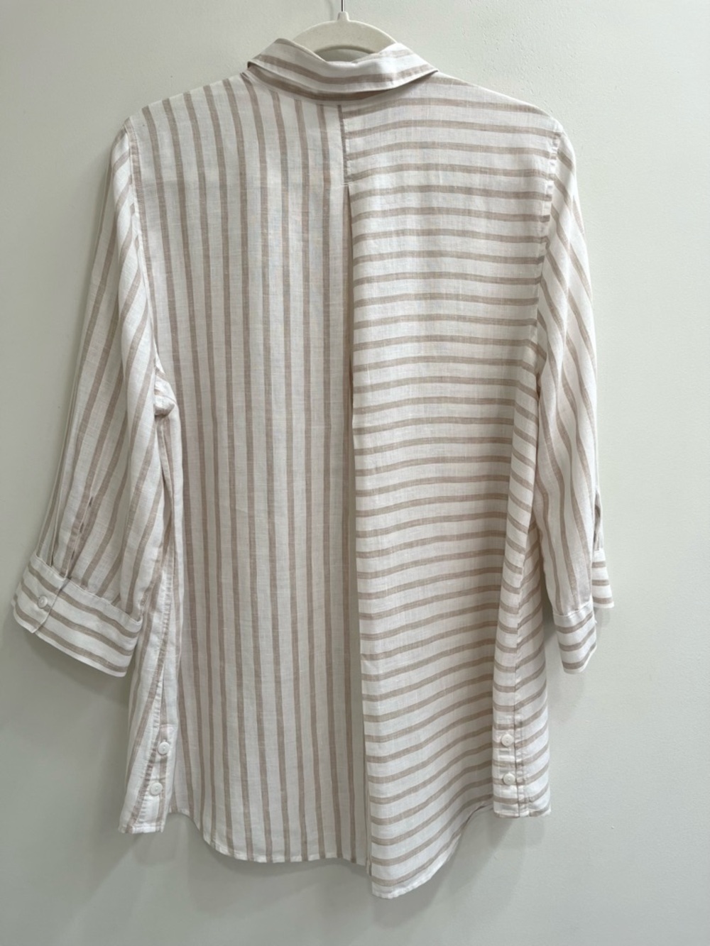 Chico's No-Iron Linen Button Front Shirt tan white stripe 3/4 sleeves 2 12/14 - Picture 2 of 14